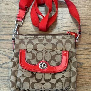 Coach Signature Crossbody Bag Brown & Red Patent Trim